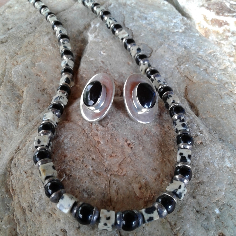 Sterling Silver Onyx and Jasper necklace SET